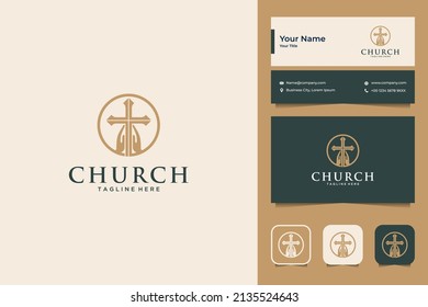 elegant church with hand and cross logo design and business card