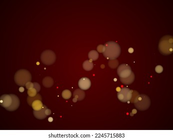 Elegant circle bokeh lights texture backdrop. Luxury gold glitter confetti, yellow golden shiny explosion. Blurred bokeh lights flare effect circle random dust New year banner pattern