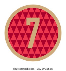 Elegant circle design with gold number 7 in the center and a red geometric triangle background, highlighted by a sophisticated gold border, ideal for branding and creative projects