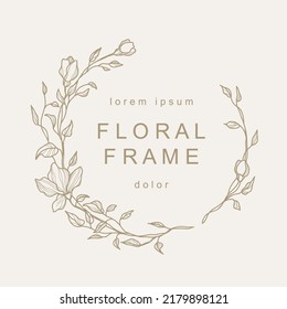Elegant circle floral frame. Hand drawn logo template in line art with flowers. Vintage botanical wreath. Vector illustration for labels, branding business identity, wedding invitation
