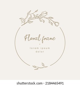 Elegant circle floral frame. Hand drawn logo template in line art with flowers. Vintage botanical wreath. Vector illustration for labels, branding business identity, wedding invitation