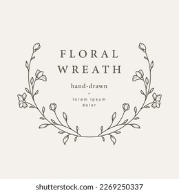 Elegante marco floral circular. Plantilla de logotipo dibujado a mano en línea de arte con flores. Vintage botánico. Ilustración vectorial para etiquetas, identidad comercial de marca, invitación a boda