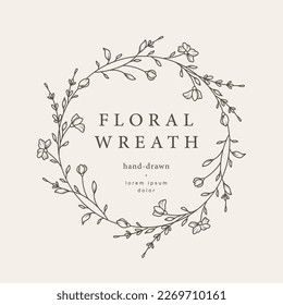 Elegante marco floral circular. Plantilla de logotipo dibujado a mano en línea de arte con flores. Vintage botánico. Ilustración vectorial para etiquetas, identidad comercial de marca, 