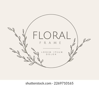 Elegante marco floral circular. Plantilla de logotipo dibujado a mano en línea de arte con flores. Vintage botánico. Ilustración vectorial para etiquetas, identidad comercial de marca, 