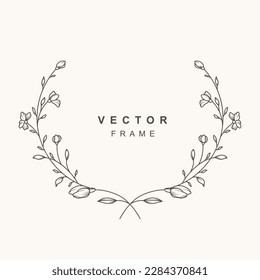 Elegant circle floral frame. Hand drawn logo template in line art with flowers. Vintage botanical wreath. Vector illustration for labels, branding business identity, wedding invitation, greeting card