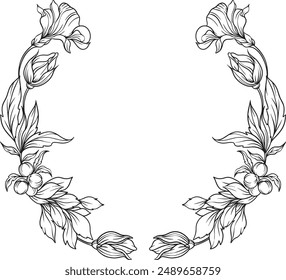 Elegant circle floral frame. Hand drawn logo template in line art with flowers. Circle monogram with hand drawn wild herbs and flowers. Vector vintage botanical illustration for invitation or wedding 