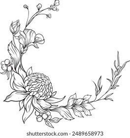 Elegant circle floral frame. Hand drawn logo template in line art with flowers. Circle monogram with hand drawn wild herbs and flowers. Vector vintage botanical illustration for invitation or wedding 