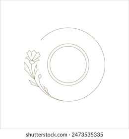 Elegant circle frame with natural flower monochrome line art decor element for logo vector illustration. Botanical blossom round border floral hand drawn decorative design for minimalist emblem