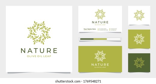 Elegant circle leaf tree branch olive oil logo design. Can be used for beauty salons, decorations, boutiques, spas, yoga, cosmetic and skin care products. premium business card vector