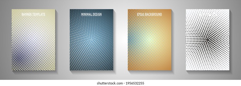 Elegant circle screen tone gradation cover page templates vector batch. Business booklet faded screen tone backdrops. Retro comics style cover layouts. Round pixels.