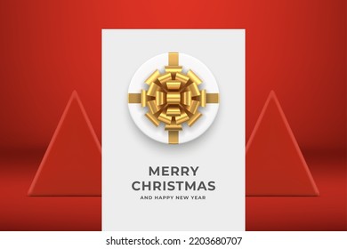 Elegant circle white gift box Merry Christmas greeting card decorative design realistic 3d icon vector illustration. Happy New Year congratulations best wishes present surprise golden bow top view