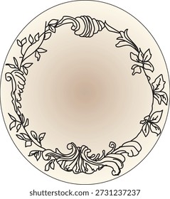 Ein eleganter kreisförmiger botanischer Rahmen mit handgezeichneten Linien, Kunstblättern und floralen Elementen auf weichem, neutralem Hintergrund. Perfekt für Hochzeitseinladungen, Branding, Logos, Verpackungsdesign, Zertifikate, Grußkarten, Poster, Schreibwaren, Luxusdesign und minimalistische Grafikprojekte.