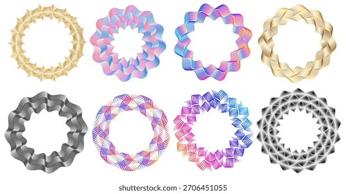 Elegantes bordas decorativas circulares inspiradas por padrões guilhochados e geometria de onda. Ideal para certificados, diplomas, marcas premium, embalagem de produtos, selos, carimbos e gráficos abstratos