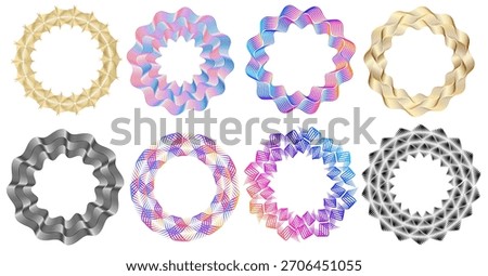 Elegant circular decorative borders inspired by guilloche patterns and wave geometry. Ideal for certificates, diplomas, premium branding, product packaging, seals, stamps, and abstract graphic