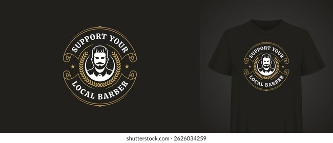 Elegant circular design featuring a beard portrait, laurel wreath, and vintage typography. Ideal for promoting local barbershops or fashion brands. Vector illustration