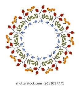Elegante arranjo floral circular com bagas vibrantes e folhas em cores variadas