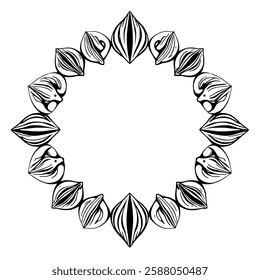 Elegant Circular Floral Frame: A Vintage Decorative Design Element. Perfect for invitations, cards, and more. Monochrome, symmetrical pattern.