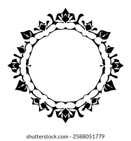 Elegant Circular Floral Frame: Vintage Ornament Design. Perfect for logos, invitations, and decorative projects. A classic, symmetrical, black and white vector illustration.