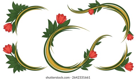 Elegant Circular Floral Frames With Red Roses and Green Leaves for Graphic Design