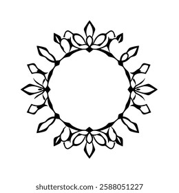 Elegant Circular Floral Mandala Frame: Ornamental Design, Black and White Symmetrical Pattern, Vintage Decorative Art, Vector Illustration