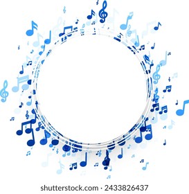 An elegant circular frame encircled by a dynamic arrangement of blue music notes, perfect for encapsulating announcements or highlighting musical events.