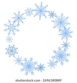 Elegant circular frame made of blue snowflakes isolated on white background. Minimalistic winter vector illustration perfect for Christmas cards, seasonal design, invitations, and festive decoration