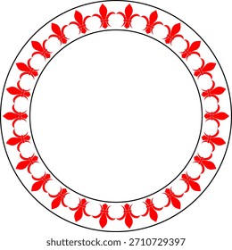Elegante marco circular con adorno de flor de lis roja, creando un borde decorativo clásico