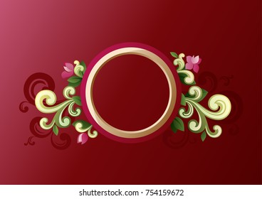 Elegant circular frame surrounded of flowers and green ornaments in red background.