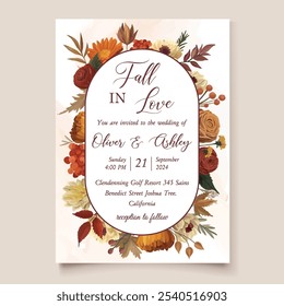 Elegant circular frame wedding invitation template adorned with autumn flowers and leaves, perfect for a seasonal celebration. Capture the beauty of fall for your special day!