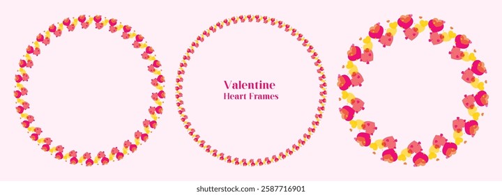 Elegant circular frames adorned with delicate pink and yellow heart-shaped elements. romantic and festive aesthetic. Decorative elements perfect for framing text images or enhancing creative design.