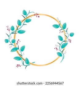 Elegant circular golden frame with watercolor painted flowers to include texts, messages and beautiful phrases