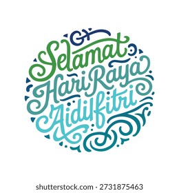 Elegante tipografía circular con letras a mano de "Selamat Hari Raya Aidilfitri" en estilo Vector plano. Diseño moderno del saludo festivo islámico con los remolinos decorativos, convenientes para la celebración de Eid, tarjetas de felicitación, carteles, Anuncios, medios de comunicación social, y diseño de la impresión. Aislado sobre fondo blanco.
