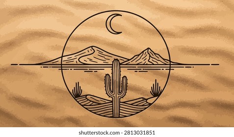 Elegant circular illustration featuring desert mountains, a cactus, and a crescent moon against a sandy texture. Perfect for southwest aesthetic.