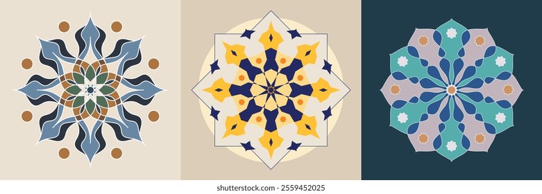 Elegant circular Islamic ornamental mandala set. Collection of Islam, Arabic, Indian, Turkish, Pakistan, Chinese, and Ottoman decoration motifs. Modern geometric mandala stars.