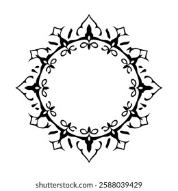 Elegant Circular Mandala Design: Ornamental Frame, Floral Pattern, Symmetrical Abstract Art, Black and White Vector Illustration, Vintage Classic Decorative Motif, Template for Artwork