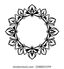 Elegant Circular Mandala Frame: Vintage Floral Ornament, Black and White Symmetrical Design. Perfect for invitations, cards, and decorative projects.