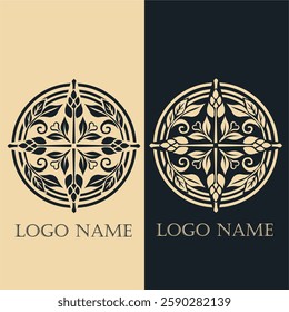 Elegant circular ornamental logo featuring symmetrical floral and leaf patterns. This intricate emblem is perfect for luxury branding, organic product packaging, boutique identity.