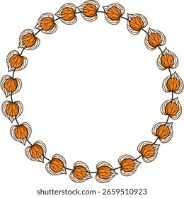 Elegant circular vector frame design featuring a continuous garland of stylized Physalis alkekengi, showcasing vibrant orange hues and intricate white-lined details against a stark white background.