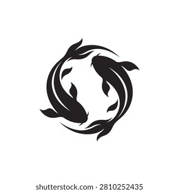 Elegant circular vector logo of two koi fish swimming together, depicting harmony, balance, the yin-yang concept, or Pisces zodiac