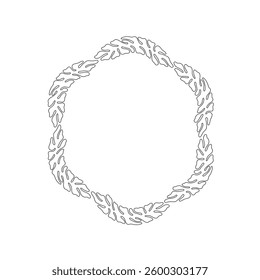 Elegant circular wreath with organic leaf patterns in naive style. Minimalist outline botanical frame, perfect for logos, invitations and greeting cards