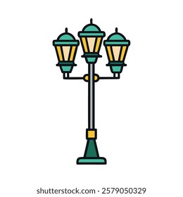 Elegant city street lamp with four glowing lanterns