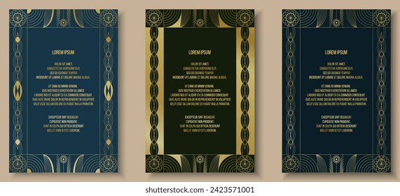 Elegant classic art deco ornament frame gold ornament line invitation card, background, flyer, template, brochure set. Decor for gala card, grand opening, wedding, awards text