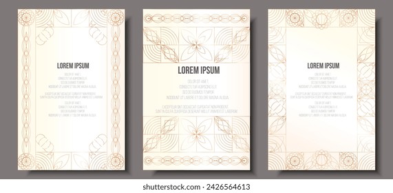 Elegant classic art deco ornament frame template, invitation, brochure, pink gold line pearl white card, background, flyer, template, brochure set. Decor for gala card, grand opening, wedding, awards 