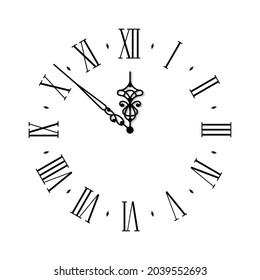 Elegant Classic Black Wall Clock Face With Vintage Hour Hand Isolated On White Background. Vector Illustration. Roman Numeral Watch