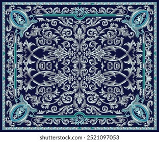 Elegant classic carpet design featuring intricate floral and leaf motifs in shades of blue, turquoise, and silver-grey. Perfect for traditional interiors, with ornate and symmetrical vector patterns.