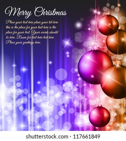 Elegant Classic Christmas Background with new red baubles and a lot of colorful glitters for a magic atmosphere. Idea for celebratiion or invitation flyers.