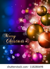 Elegant Classic Christmas Background with new red baubles and a lot of colorful glitters for a magic atmosphere. Idea for celebratiion or invitation flyers.