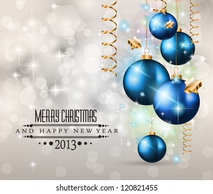 Elegant Classic Christmas Background with new red baubles and a lot of colorful glitters for a magic atmosphere. Idea for celebratiion or invitation flyers.