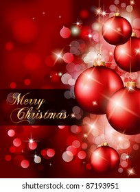 Elegant Classic Christmas Background with new red baubles and a lot of colorful glitters for a magic atmosphere. Idea for celebratiion or invitation flyers.