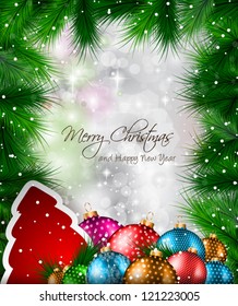 Elegant Classic Christmas flyer with tree leaves, a lot of baubles and glitter baclground. Ideal for celebratiion or invitation flyers.